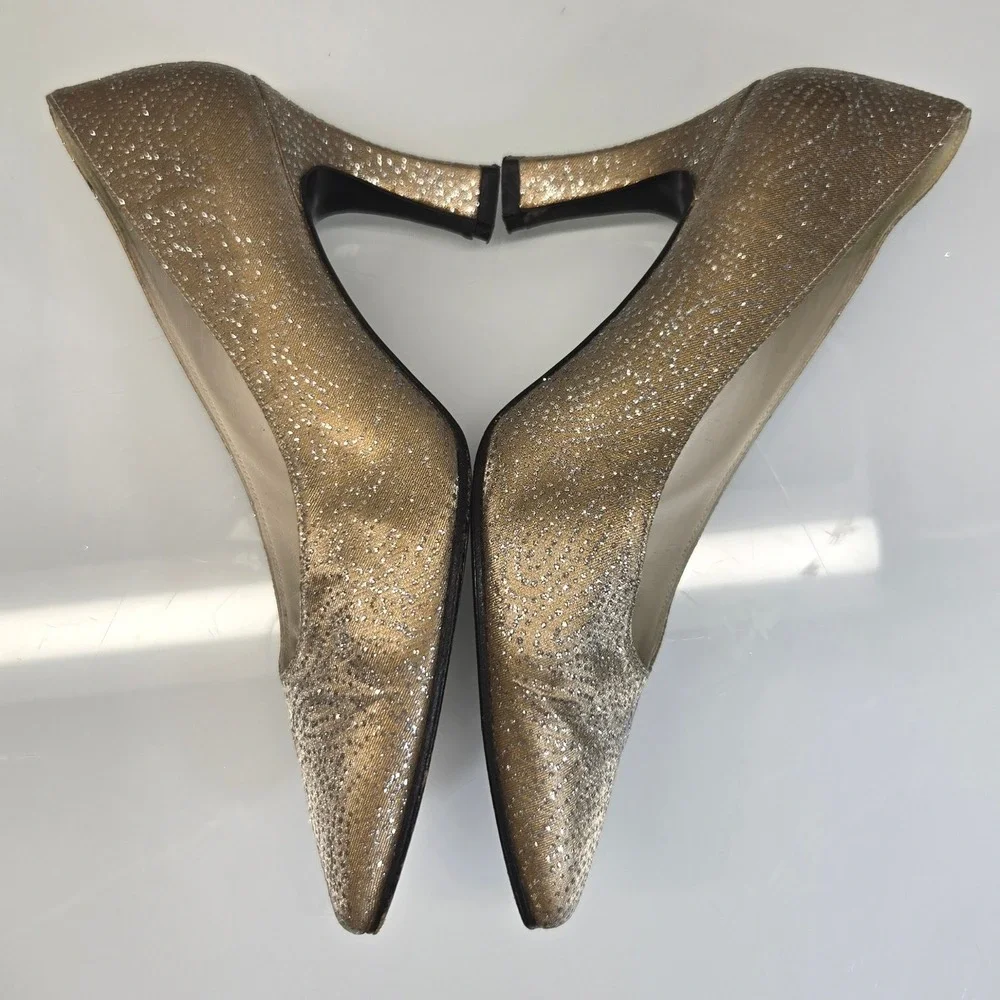 Stuart Weitzman Heel Pumps Womens 7B Gold Glitter Pointed Toe Evening Party Glam